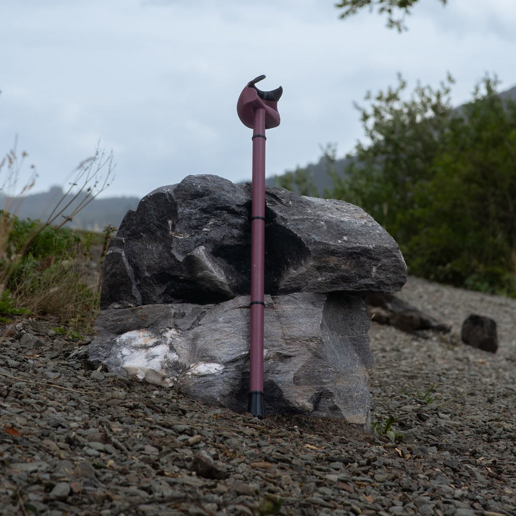 Stylish walking stick in burgundy, supportive and comfortable for everyday use.